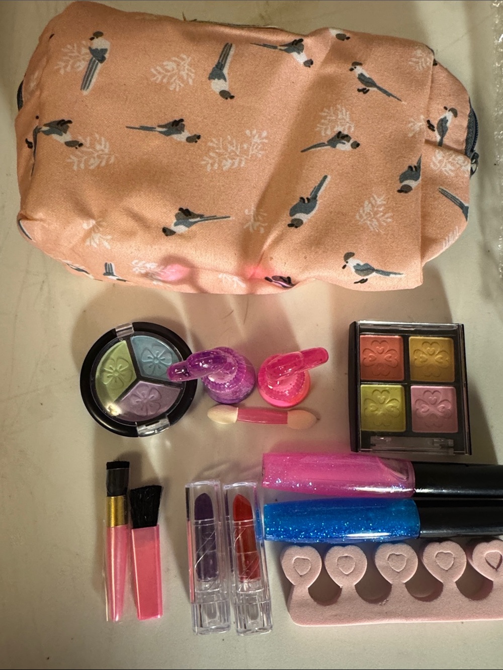 Kids Pink Bird-Print Cosmetic Set with Matching Zip Pouch